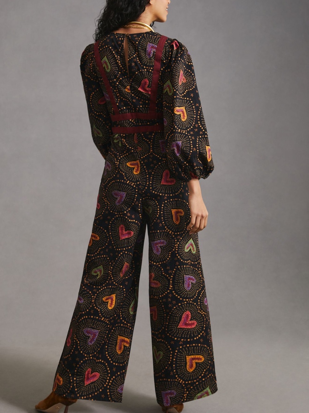 Farm Rio Deep V Heart-Print Wide-Leg Jumpsuit Size L NWT - Picture 2 of 7